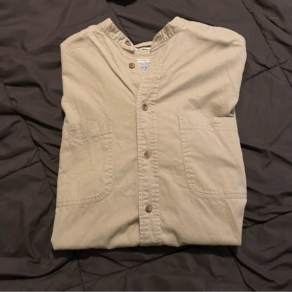 John Ashford men’s medium beige button up shirt, short sleeve , 100% cotton